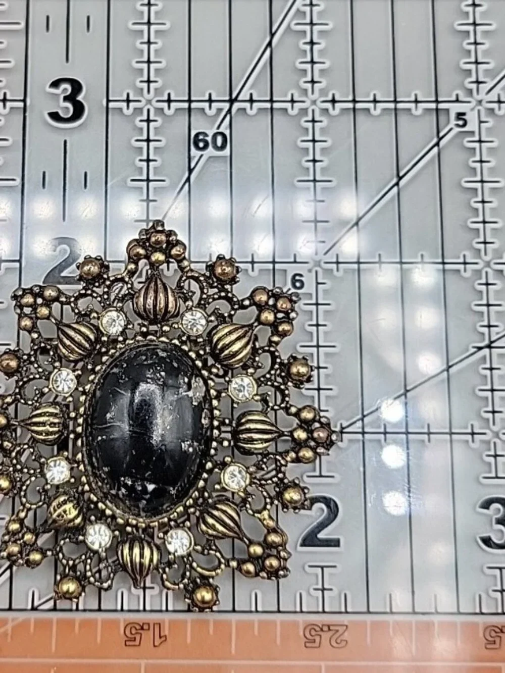 Vintage Victorian Revival Black Cabochon Starburst Brooch Pin Gold Tone Filigree